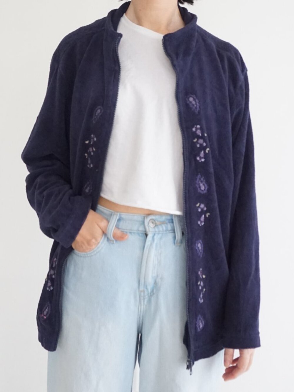 Vintage Northern Reflections Navy Floral Embroidered Zip Fleece Cardigan XL